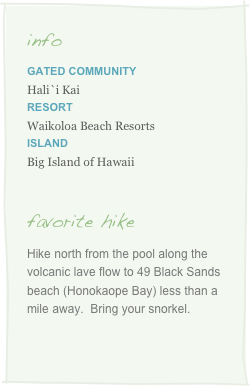info
Gated Community   
Hali`i KaiResort
Waikoloa Beach Resorts
Island
Big Island of Hawaii


favorite hike
Hike north from the pool along the volcanic lave flow to 49 Black Sands beach (Honokaope Bay) less than a mile away.  Bring your snorkel.